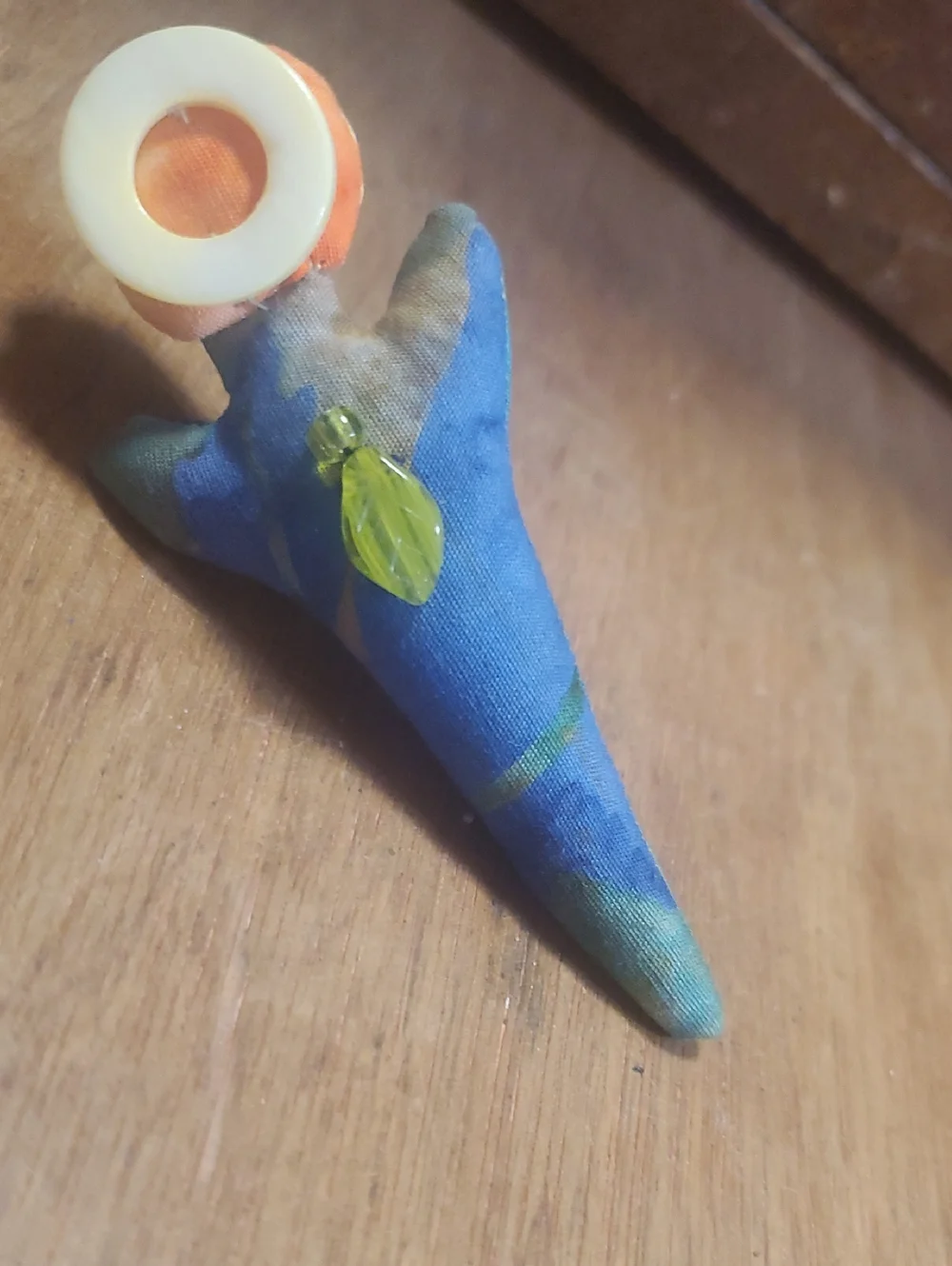 Handmade Blue Fabric Pin with Green Bead Accent BD